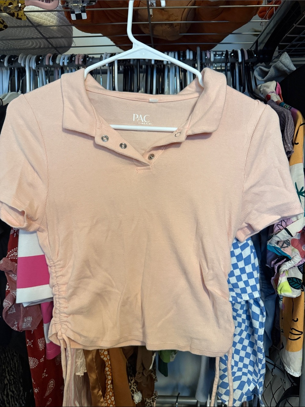 Embroidered Pink Polo-Style Cinched Women's Top